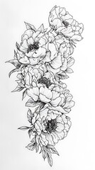 Fototapeta premium Elegant Peony Floral Arrangement Ink Drawing with Detailed Petals and Leaves