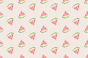 Seamless pattern with watercolor watermelon slice on pink background. Summer watercolor background.