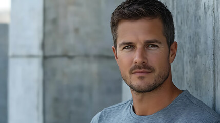 Man with short hair and beard wearing a gray t-shirt