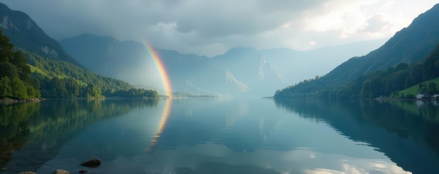 Triple rainbow reflected in a tranquil lake, mountain backdrop, misty air, vista, triple rainbow