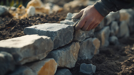 Hand Placing Stone in Wall Construction