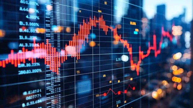 Financial data processing illustrated over a vibrant cityscape at dusk showcasing market trends and analytics, financial data processing over cityscape - Powered by Adobe