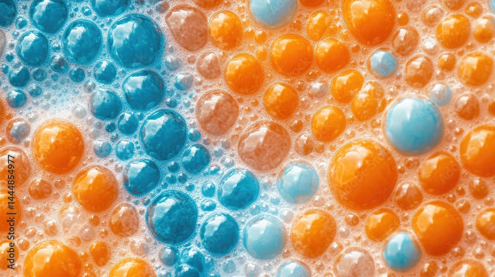 Poster vibrant patterns of blue and orange bubbles creating a unique visual experience in soap foam abstrac