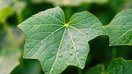 Fototapeta premium Close-Up of Green Leaf with Dew Drops Capturing the Beauty and Detail of Nature's Textures, Reflecting the Freshness and Richness of Plant Life in a Lush Environment