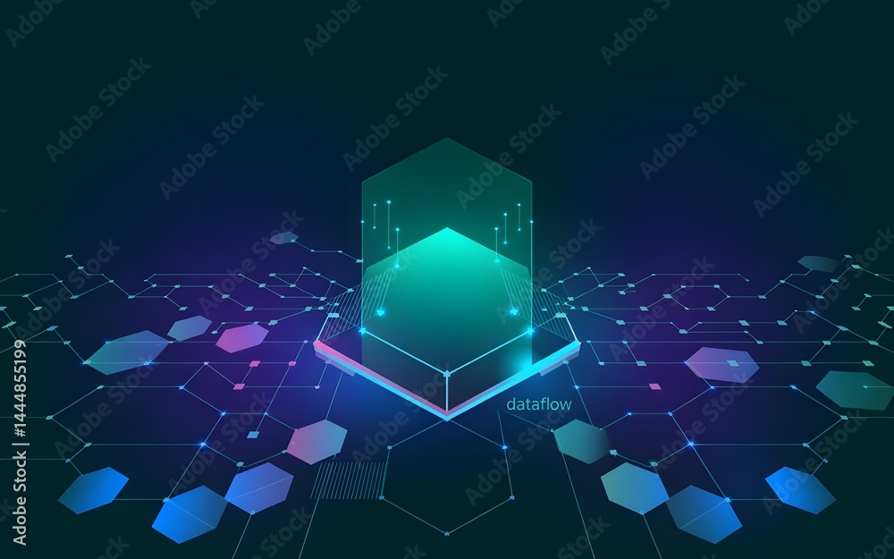 Poster abstract data flow network visualization green cube hexagon technology background