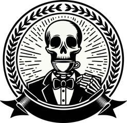 Stylized Skeleton Elegantly Drinking From A Teacup In A Tuxedo Inside An Ornate Circular Emblem