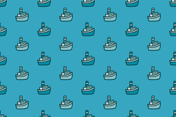Children's seamless pattern with a steamship on a blue background.