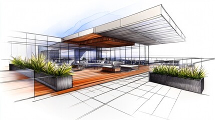 Obraz premium A serene watercolor and ink sketch of a rooftop lounge with lounge chairs potted plants glass railing and soft sky wash above