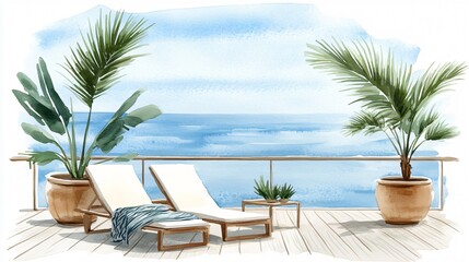 Fototapeta premium A serene watercolor and ink sketch of a rooftop lounge with lounge chairs potted plants glass railing and soft sky wash above