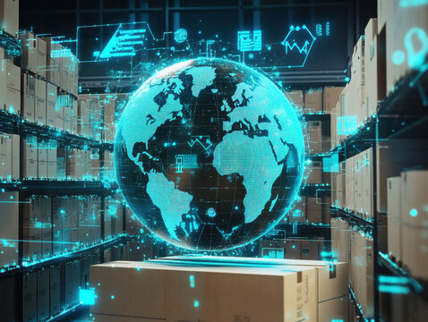 Digital globe visualization in modern warehouse setting with boxes