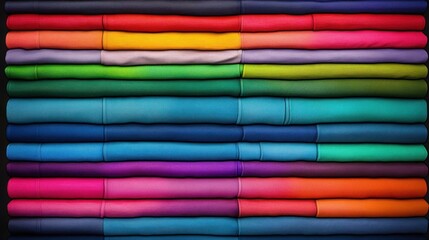 A vibrant stack of colorful shirts, showcasing a rainbow of hues, neatly folded and arranged, creating a visually appealing textile composition.