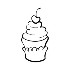 Hand drawn vector doodle of cupcake with swirled icing and cherry. Fun minimal dessert element for bakery branding, packaging, and kids designs.