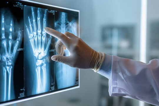 realistic close-up of doctor analyzing x-ray in hospital, modern clinical environment, white coat and gloves