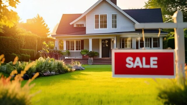 Charming white house with lush green lawn, garden, porch, and sunlight, featuring red sale sign front yard, perfect residential real estate