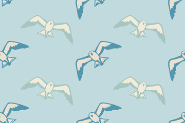 Seamless pattern with seagulls flying in the sky. Summer sea background.