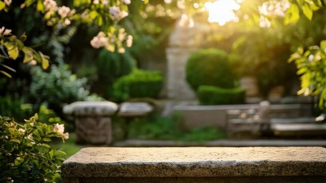 Ancient scroll on stone table in peaceful garden, sunlight streaming through lush foliage, historical document evokes serene atmosphere