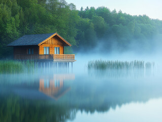 Fototapeta premium Tranquil wooden cabin by misty lake at dawn