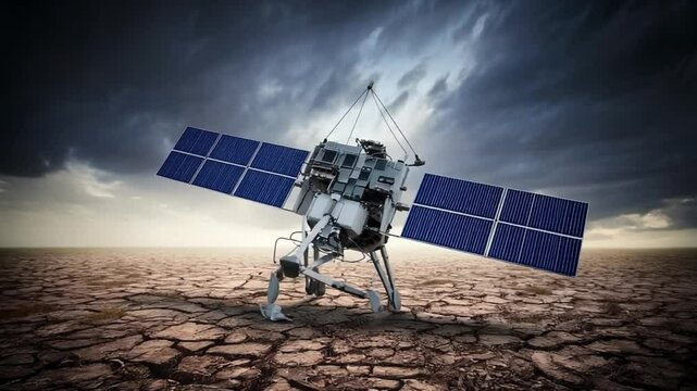Solar panel spacecraft lander technology and science exploration dry cracked earth dramatic sky, symbolizing innovation and environmental challenge