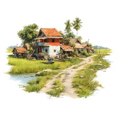 A picturesque village scene depicts traditional houses led amongst lush green rice paddies and a dirt road leading to the tranquil waters.