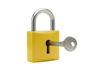 Naklejka premium A yellow padlock with a silver shackle and a silver key inserted into the keyhole isolated on transparent background