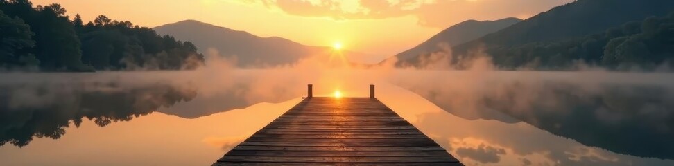 Obraz premium Misty dawn, still lake reflects golden light on wooden dock , dock, mist