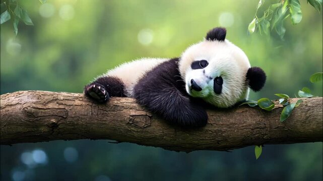Cute panda lying in peacefully under bright sunlight. 
