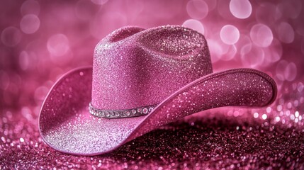 In the illustration, a pink glitter cowgirl hat with rhinestone trim rests on a sparkling pink background, showcasing a shallow depth of field and stunning bokeh, known as Rainstone
