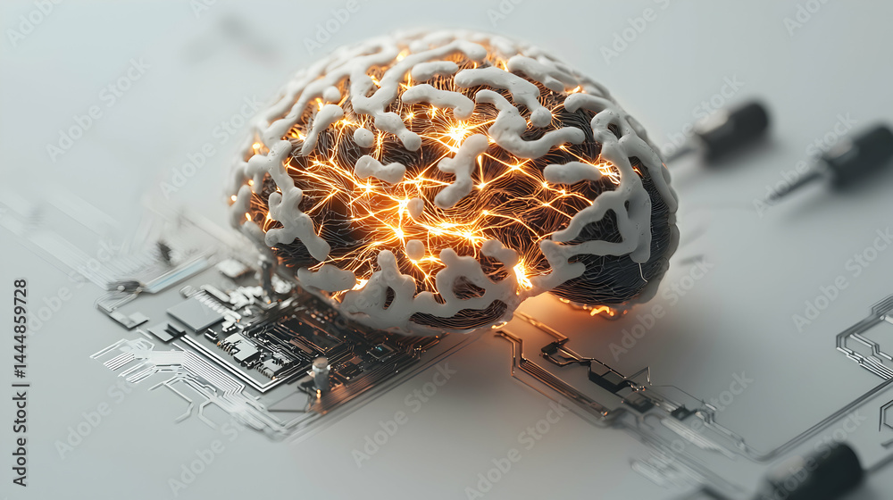 Wall mural an artistic representation of a glowing brain interconnected with a circuit board suggests advanced 