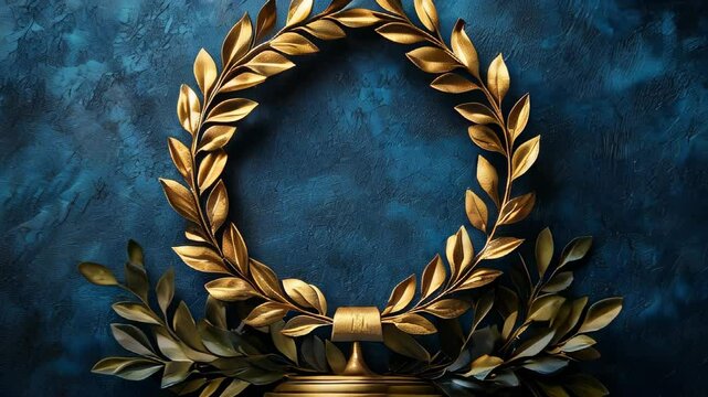 A stunning golden laurel wreath captures attention against a rich blue backdrop, representing honor and victory. The detailed design highlights the craftsmanship and elegance of the piece.