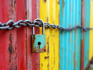 Chain linked padlock securing colorful containers in bright setting