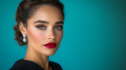 Beautiful Woman With Bold Red Lipstick Posing On Teal Background, Beauty And Fashion Portrait.