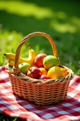 Sunny day picnic basket, checkered blanket, vibrant food, sunshine, picnic