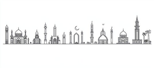 Ramadan Kareem background created in a line art style, suitable for modern Islamic greeting cards, wallpapers, and poster designs, as well as media banners