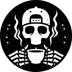 Monochrome Vector Graphic Depicts A Skeleton Wearing A Cap Holding A Steaming Cup Against Black