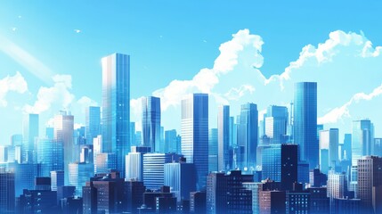 Urban Skyline with Tall Modern Skyscrapers Against a Bright Blue Sky and Fluffy Clouds, Illuminated by Sunlight in a Vibrant Cityscape Scene