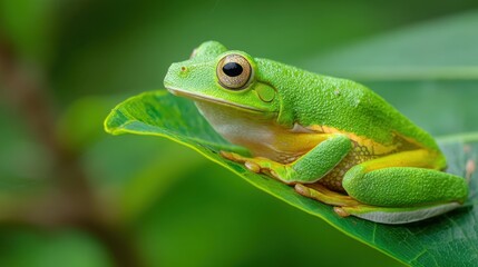 Fototapeta premium Emerald Frog on Leaf: Nature's Jewel