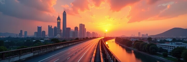 Obraz premium Sunrise paints Guangzhou's skyscrapers gold, reflecting on asphalt road & bridge , Guangzhou skyline, building facades