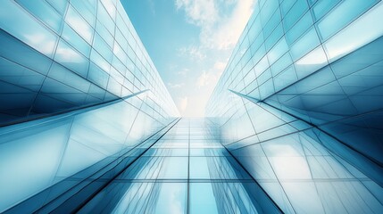 Obraz premium Exterior view of a modern semiconductor manufacturing facility showcasing sleek lines and extensive glass facades, set against a clear blue sky with wispy clouds. Innovative architecture stands out