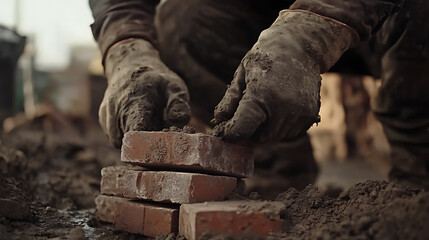 Construction Worker Laying Bricks