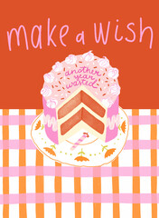 Funny cake on the checkered tablecloth background