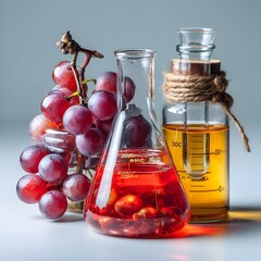 A close-up shot shows red grapes next to laboratory glassware containing red and yellow liquids representing winemaking science research.