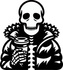 Stylized Monochrome Illustration Of A Skeleton Figure Holding A Coffee Cup With A Jacket