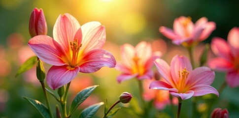 Sunlight on vibrant spread, delicate floral arrangement, copy space, background, summer