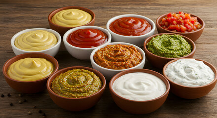 A rustic wooden table hosts eight bowls of different condiments