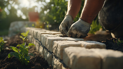 Gardener Laying Stone Edging in a Garden