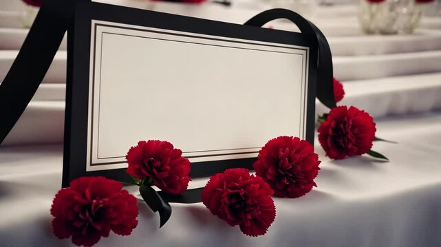 A serene flat lay of a funeral banner featuring a minimalist design with scattered red carnations and a simple black ribbon, creating an atmosphere of remembrance