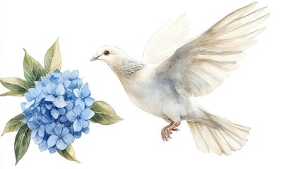 Fototapeta premium The wedding crest features a white hydrangea flower, greenery, and a monogram, all in a luxurious watercolor style, symbolizing rebirth with a phoenix illustration