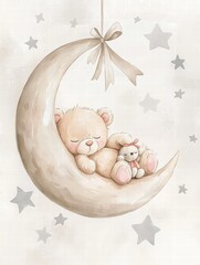 Sweet Slumber Bear: Adorable Teddy Hugging a Smaller Bear on a Moon with Stars.