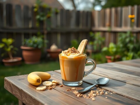 Banoffee in glass cup on the table