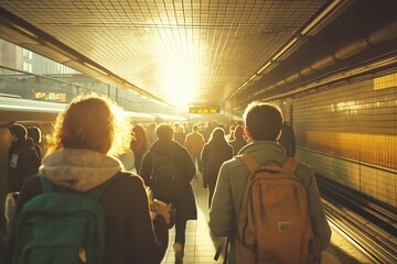 Crowd of commuters with backpacks moves along a train platform bathed in warm golden light
